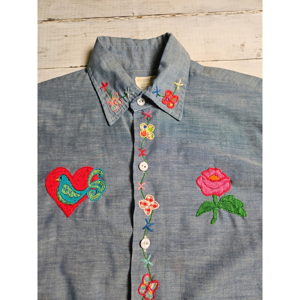 Vintage Big Mac‎ JCPenney Hand Embroidered Chambray Shirt Blue Floral Bird S/M